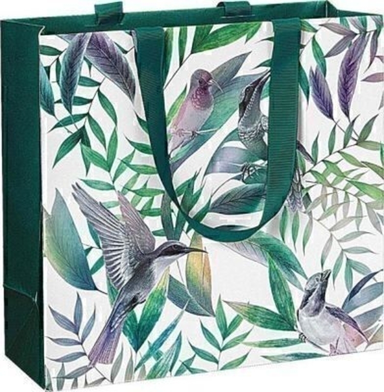 A beautiful contemporary Hummingbird patterned Samora gift bag by Swiss designer Stewo. This gift bag is made from metallised paper and has teal green ribbon handles. This bag has all the quality and detailing you would expect from Stewo. Size 25x23.5x10